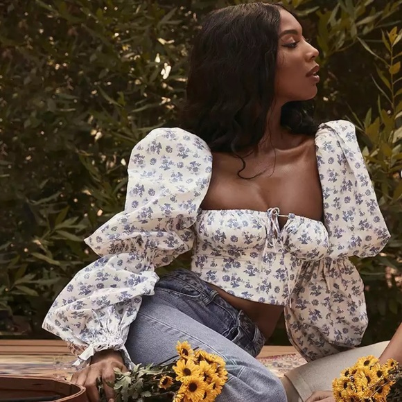 Blue Floral Print Puff Sleeve Top, New - Picture 1 of 9